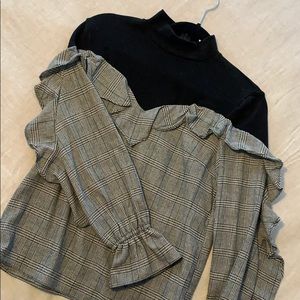 Mock Turtleneck Plaid Top with Ruffles. Size Small
